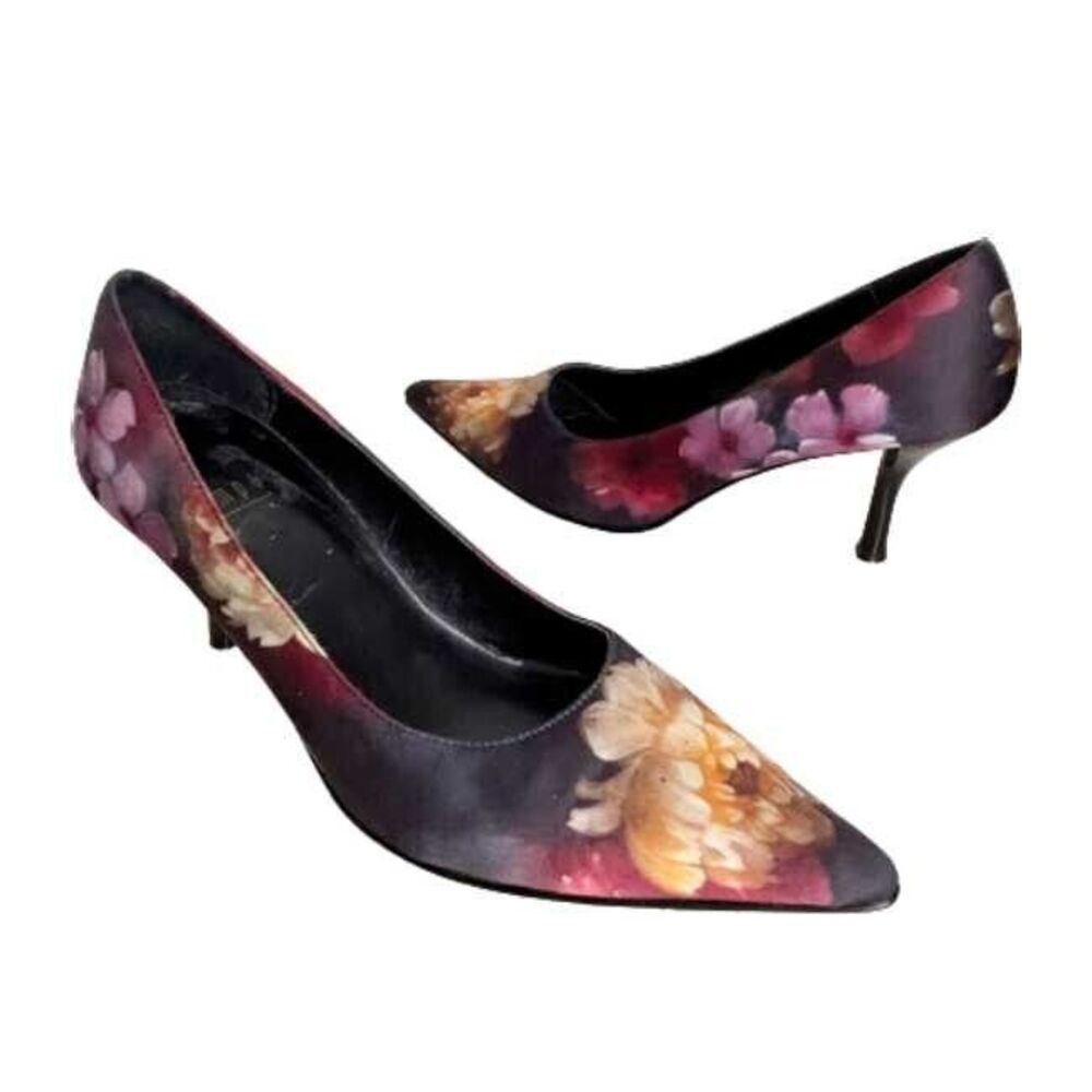 IMPO Shoes 7.5 Satin Stiletto Pumps Pretty Floral Purple Yellow Pink Flowers